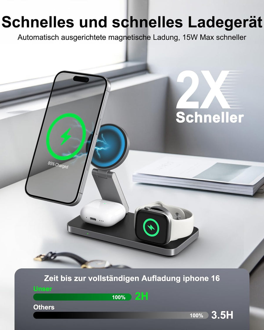 15 W fürs iPhone, Watch und AirPods laden mit.