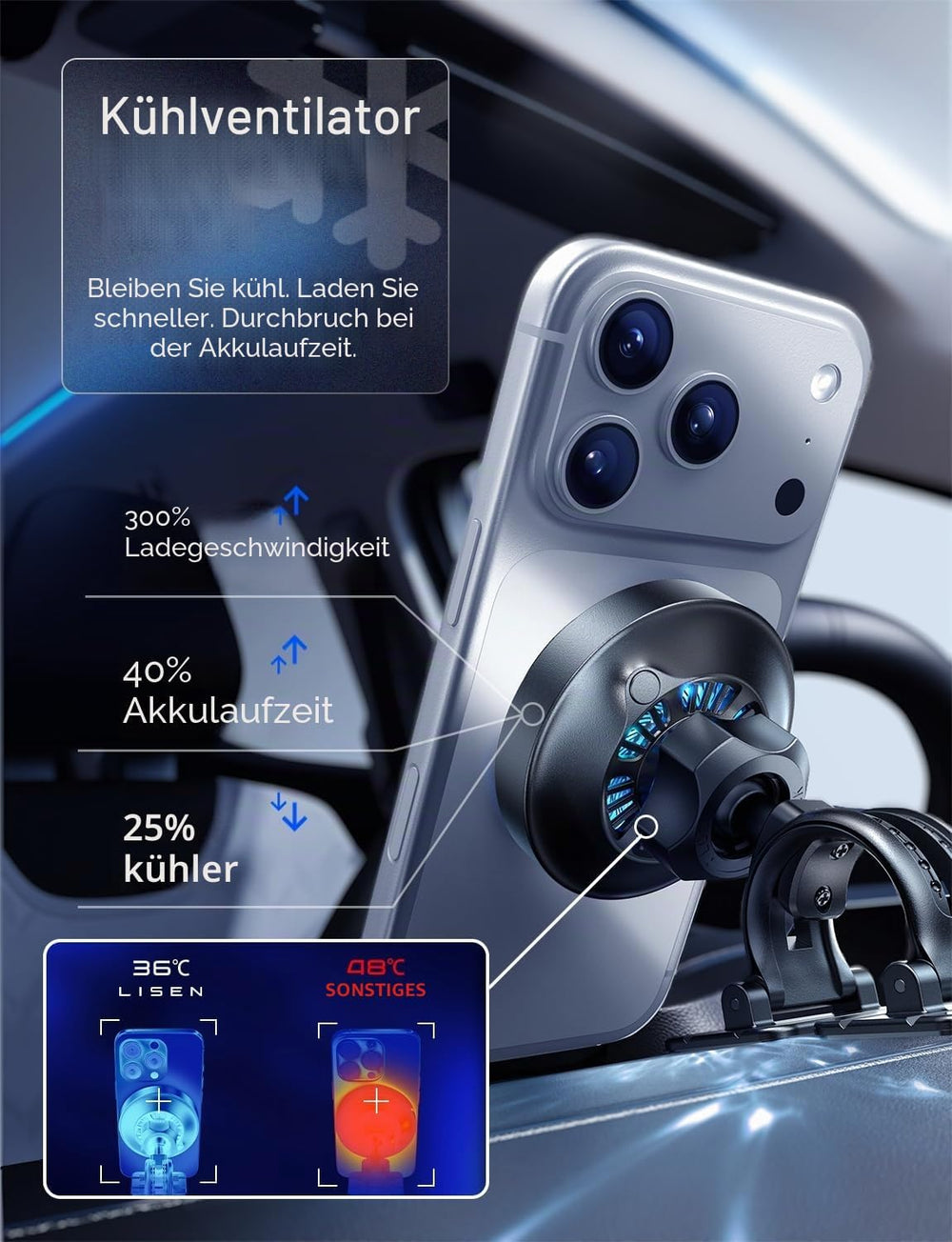 LISEN W116 Qi2.2 Car Wireless Charger with Cooling Fan