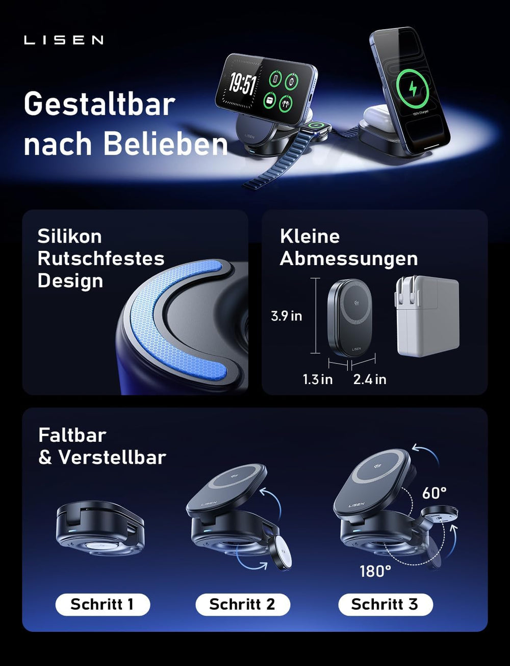 LISEN W121 Qi2.2 3-in-1 Ladestation
