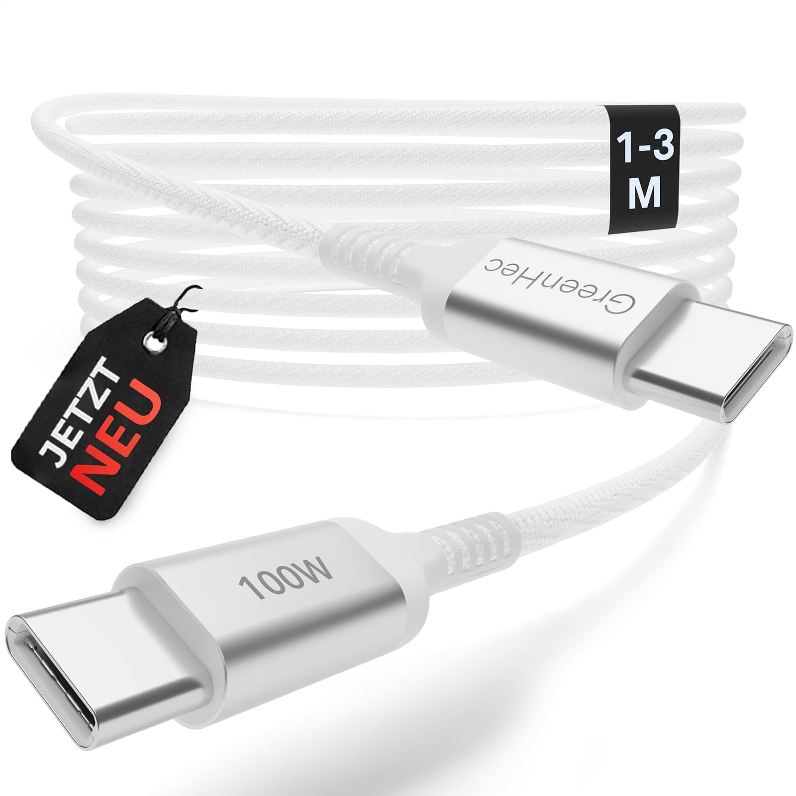 GreenHec 100w ThunderFlow USB-C Kabel - 1m 2m 3m Schnellladekabel (Verbiegungsresistent) Weiß