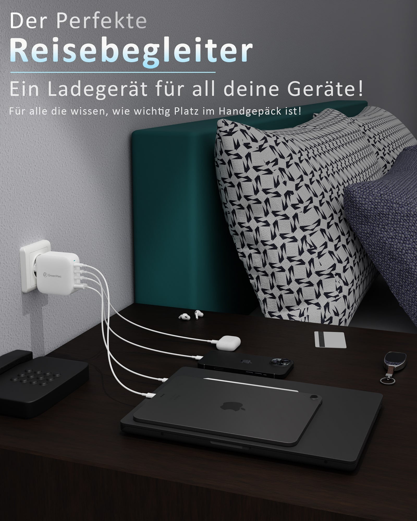 Das Nexus Pro ladegerät wie es 4 Geräte über nacht in einem Hotelzimmer auflädt