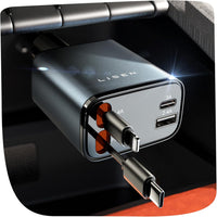 LISEN B104 Chargeur rapide voiture – câble rétractable et ports USB