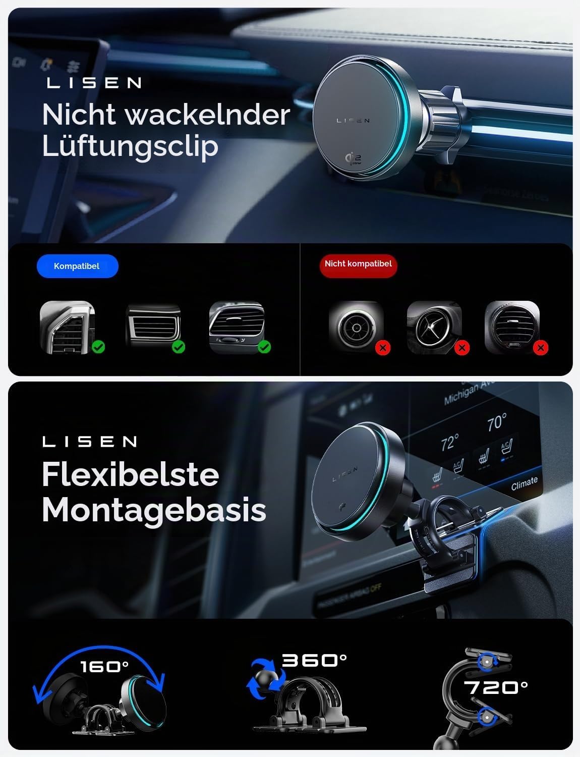 LISEN W116 Qi2.2 Car Wireless Charger with Cooling Fan