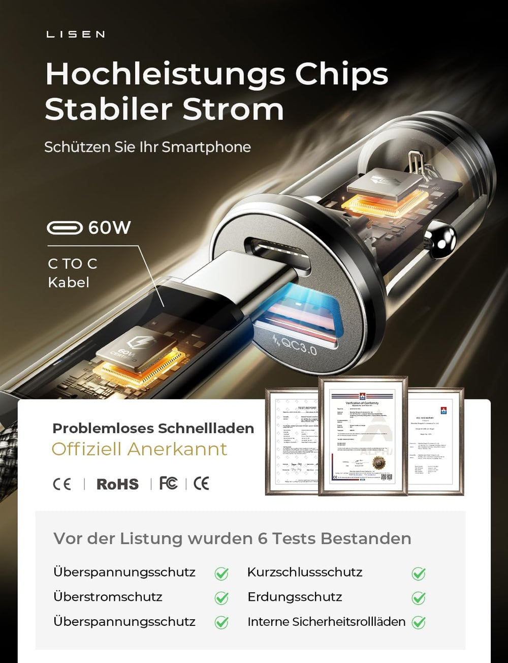 LISEN Kfz-Ladegerät 36 W mit USB-C-Kabel