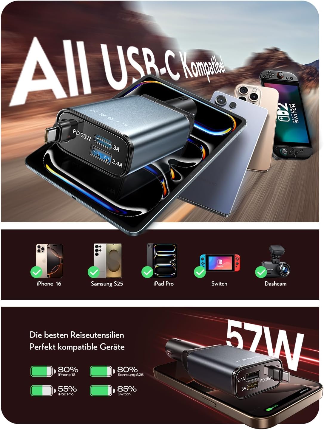 LISEN B113 Retractable Cable Car Charger Mini