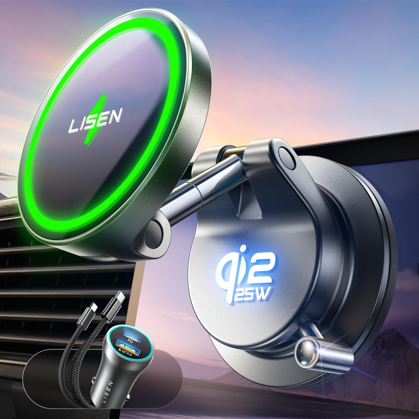 LISEN W608 Pro Qi2.2 Auto-Wireless-Charger – MagSafe mit Saugnapf