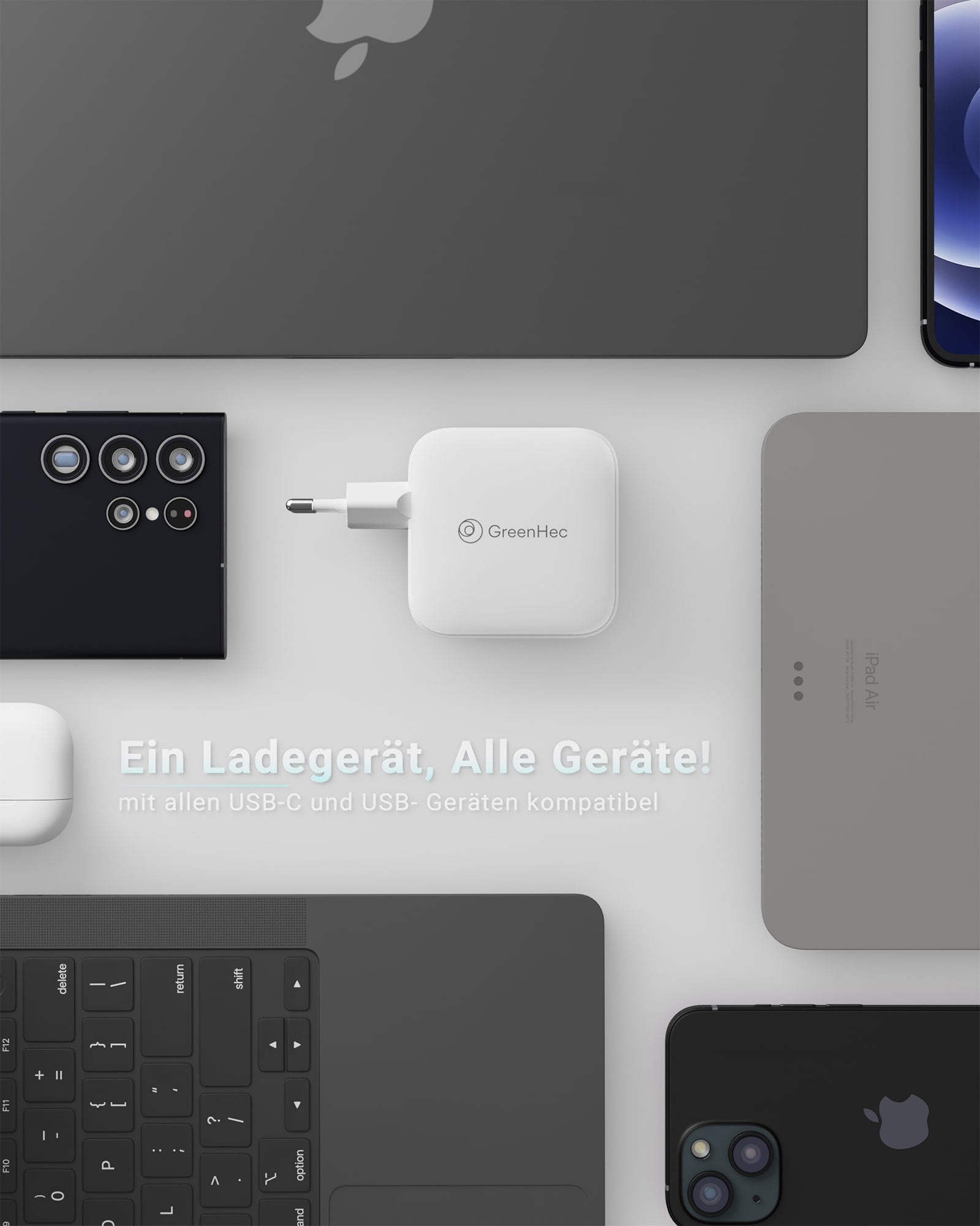 Das Ladegerät liegt in der mitte von vielen unterschielichen Geräten mit denen es kompatibel ist