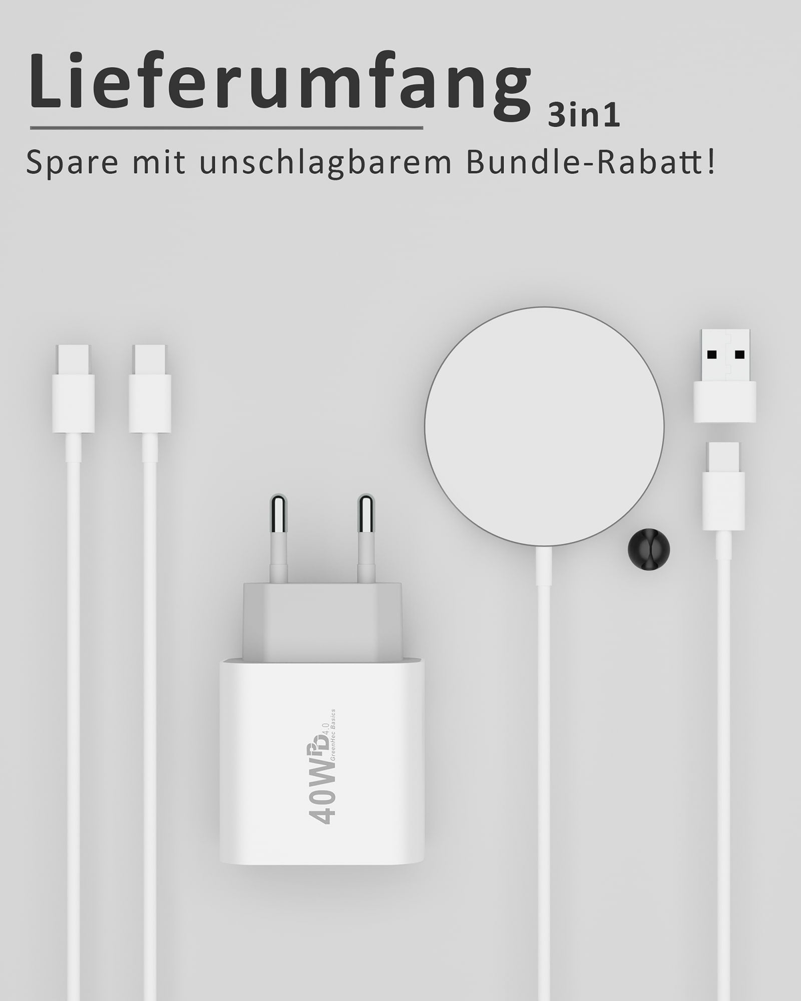 Power Essentials Bundle - MagSafe Ladegerät + USB-C Kabel + 40w Dual Charger | Netzteil Stecker 3in1
