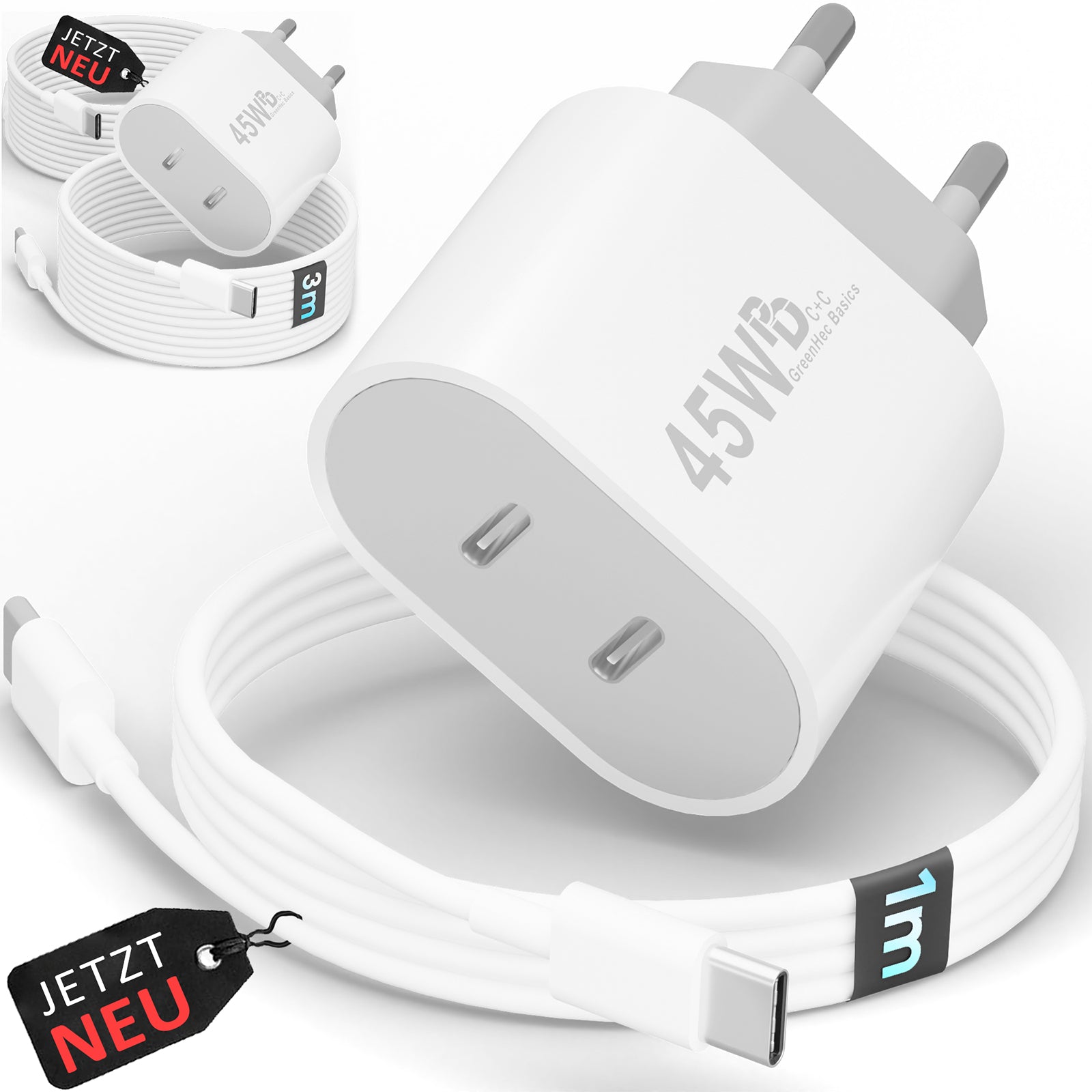 GreenHec 45w Dual Charger + USB-C Kabel - Doppel USB Ladegerät für Samsung, iPhone, iPad