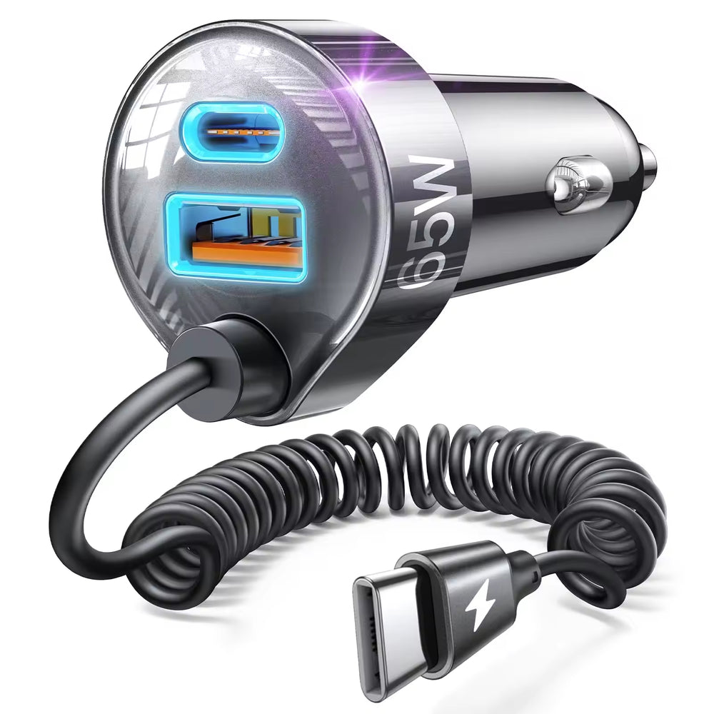 LISEN Car Charger with Built-in Cables – for iPhone & USB-C