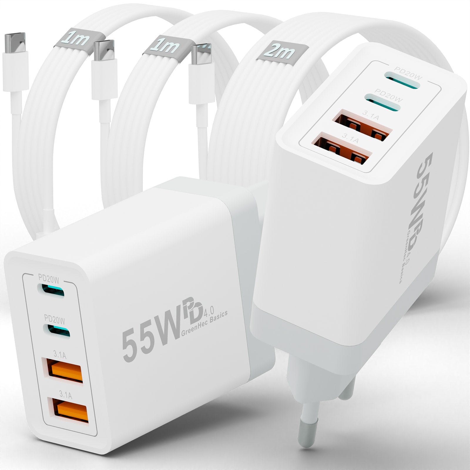 GreenHec 55w ChargeKit Pro - 2x 55w Quarto Charger + 2x 1m USB-C Ladekabel + 2m USB-C Kabel