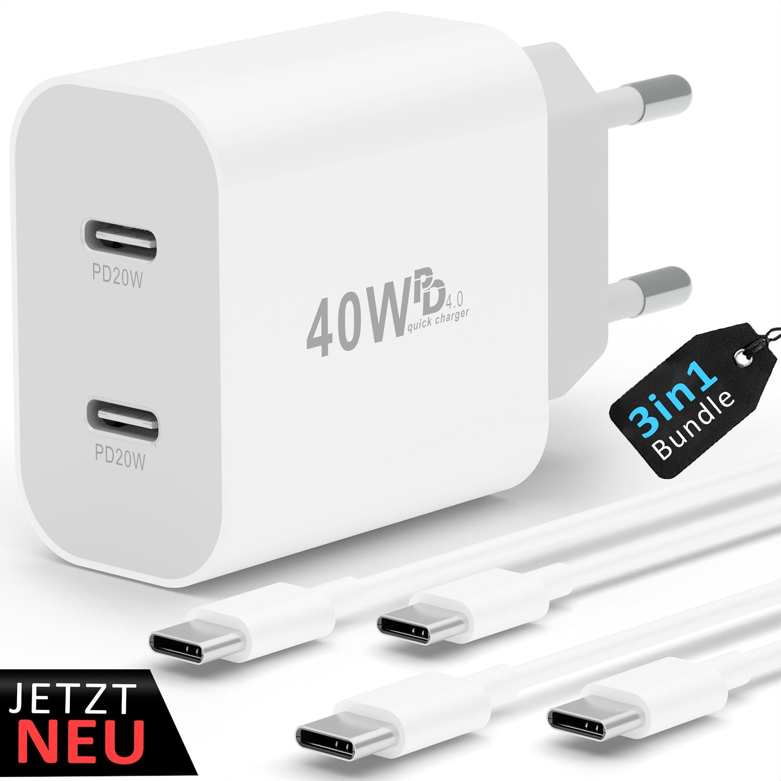 Power Essentials Bundle - MagSafe Ladegerät + USB-C Kabel + 40w Dual Charger | Netzteil Stecker 3in1