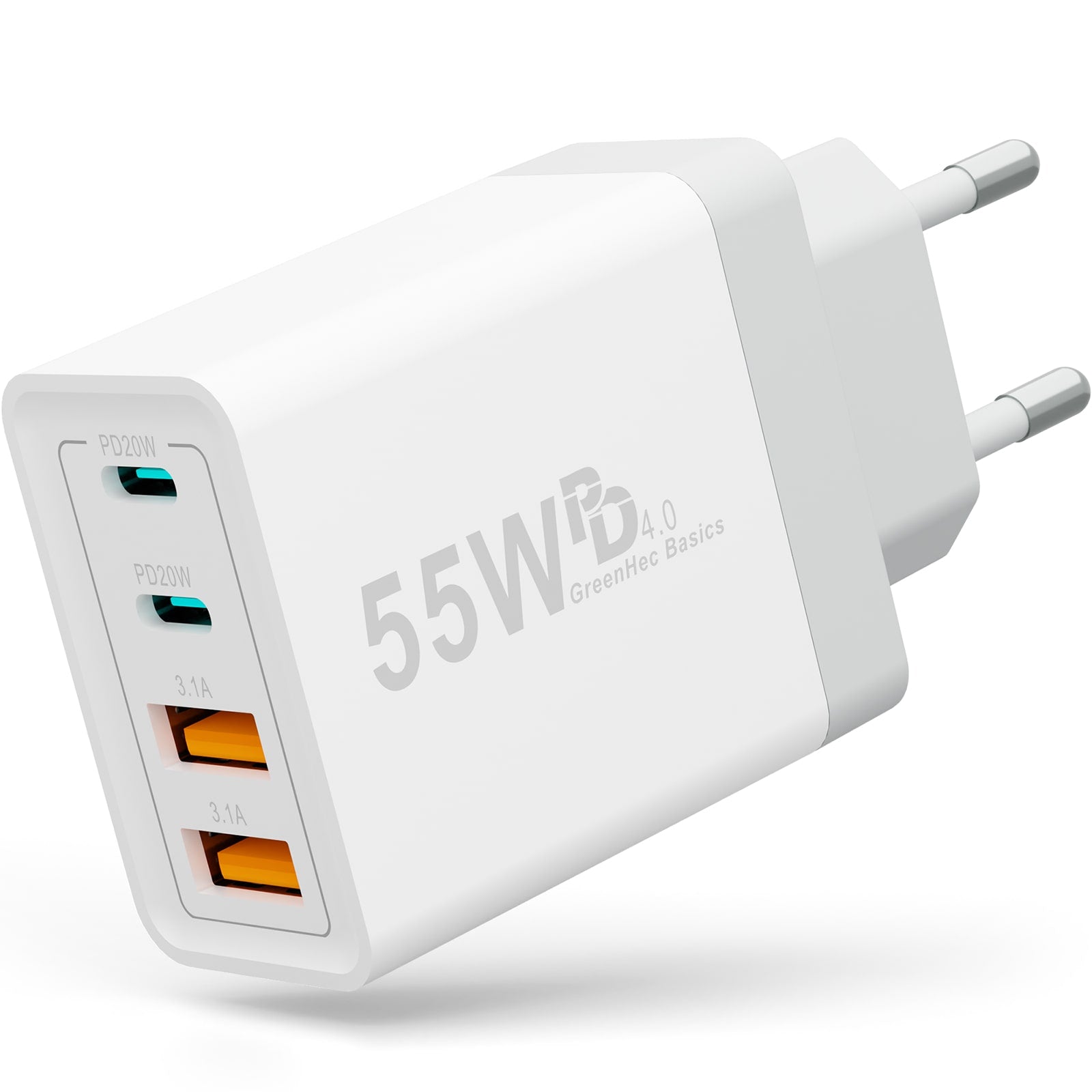 GreenHec 55w Quatro Charger - 2x USB-C 2x USB-A | Ladegerät Power Adapter für iPhone, Samsung, Google, Xiaomi