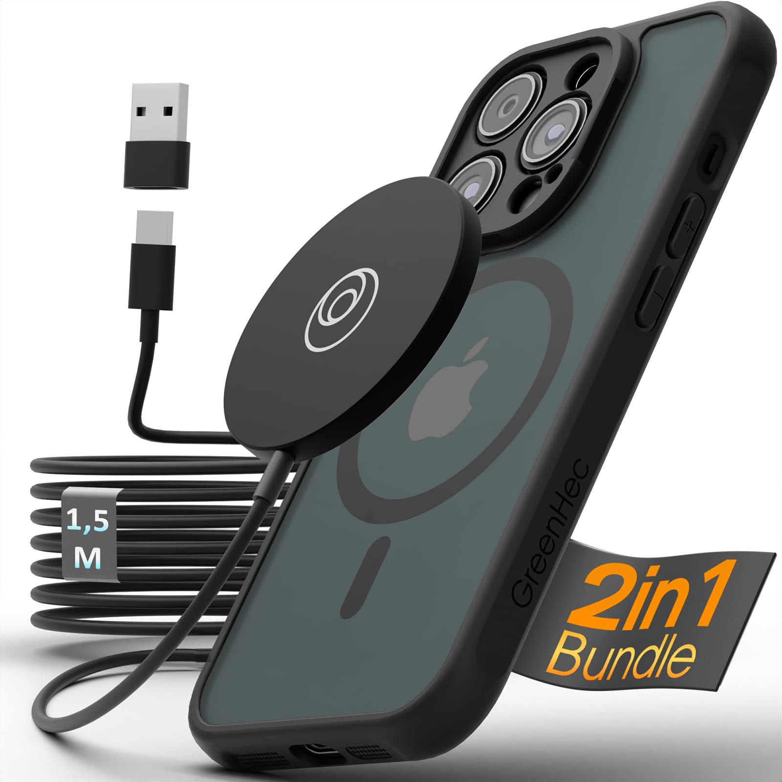 GreenHec Charge & Protect Bundle - MagSafe Schwarz + Case Hülle Mangetisch für iPhone 16 15 14 13 12